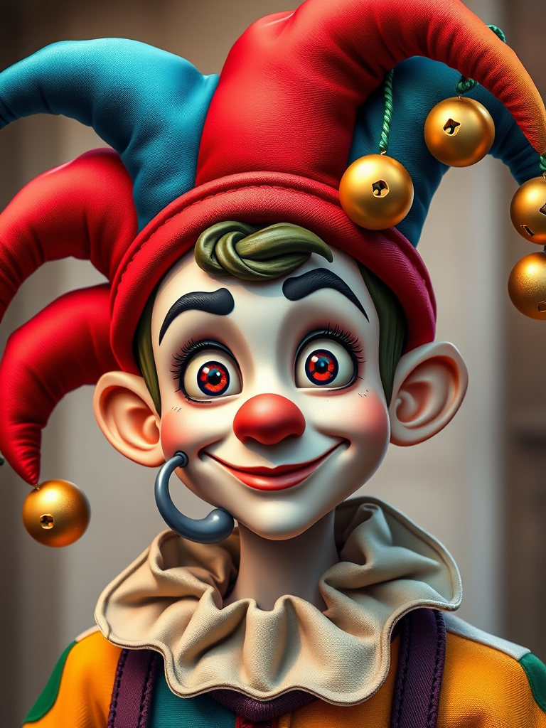 Create a high-resolution digital illustration of a playful jester character with a colorful jester hat featuring bells, using a Canon EOS R5 camera with a 50mm f/1.2 lens, aperture set to f/2.8, ISO 100, and natural lighting, focusing on a portrait view to enhance details and contrast.