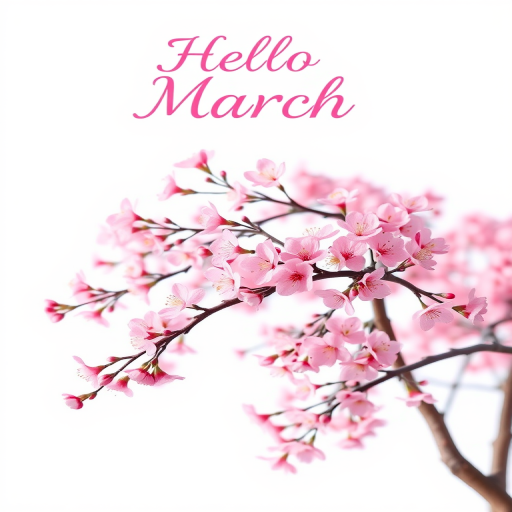 Create a digital illustration of a blossoming cherry tree with pink flowers against a minimalist white background, using a Canon EOS R5, ISO 100, f/2.8, 50mm lens, with a soft focus effect to enhance the vibrant colors and delicate petals, emphasizing the greeting "Hello March" in an elegant font above the tree.