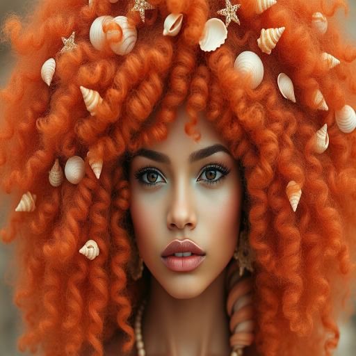 Captivating coral-haired muse with a voluminous, curly afro adorned with delicate seashells and iridescent accents
