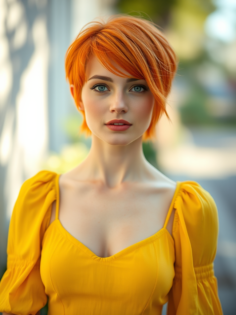 portrait of a woman with short vibrant orange hair in a yellow dress, soft natural lighting, shallow depth of field, high-resolution, taken with a Canon EOS R5 with a 50mm f/1.2 lens, captured from eye level with a slight soft focus effect in the background, vibrant colors and contrast