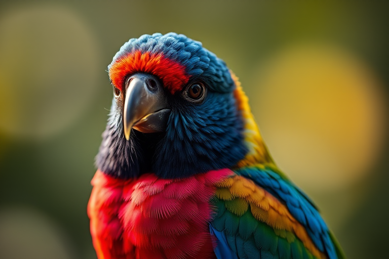 Regenerate a vibrant portrait of a bird with a focus on its detailed feathers and striking colors, using a Canon EOS 5D Mark IV, 85mm lens, f/1.8 aperture, ISO 100, 1/200 sec exposure, soft natural light, and a shallow depth of field to create an artistic blurred background.