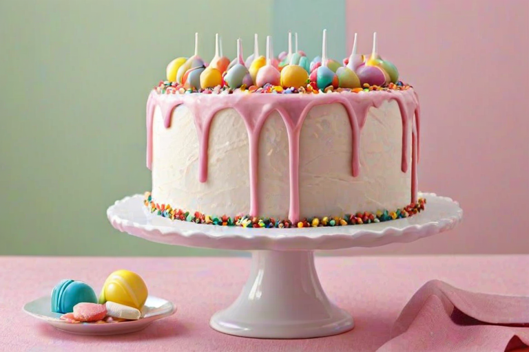 Create an image of a three-layer cake with a smooth white frosting base. The top layer should have a glossy pink drip effect and be decorated with dollops of whipped cream. Add colorful sprinkles around the base of the cake. Top the cake with cute, pastel-colored animal-shaped candies for a playful touch. Place the cake on a white cake stand, with a soft pink cloth underneath. Include a small bowl of matching candies next to the cake.
