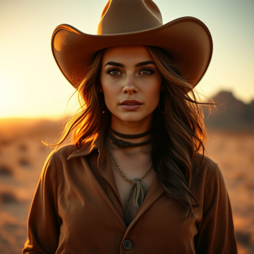 Dramatic photo of a beautiful Georgian woman, classic cowboy attire, confident and free spirit expression, half-length portrait, centered, golden hour desert landscape, warm, diffused light, low angle, medium format film camera, in style of Annie Leibovitz.