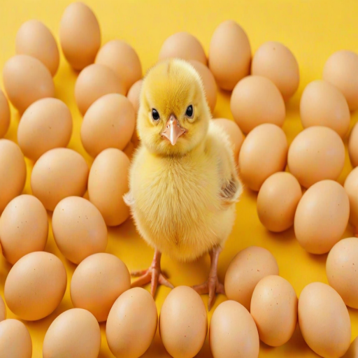 a cute chick emerging from a yellow eggshell surrounded by small yellow eggs on a bright yellow background