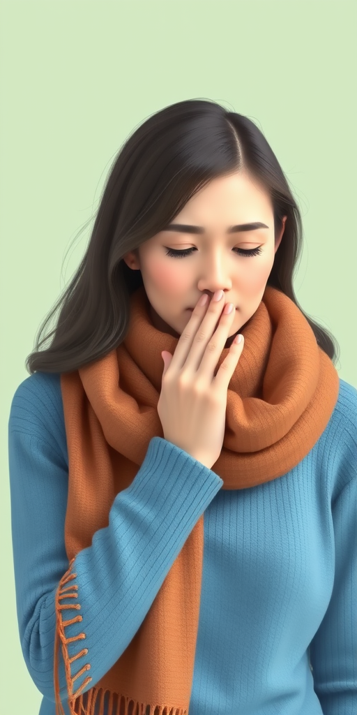 Create a digital illustration of a woman coughing gently, wearing a brown scarf over her blue sweater, with a soft pastel green background, using a high-resolution digital art style, captured from a mid-level angle, simulating a DSLR camera with a 50mm lens at f/1.8 aperture for depth of field.