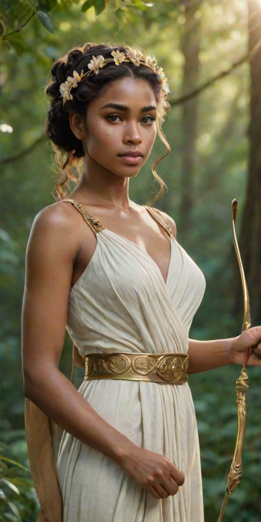 Create a portrait of a goddess-like Kikuyu girl figure in a tranquil, forested environment. She has an elegant appearance with long, wavy hair styled in an updo and adorned with a delicate, floral headband. She wears a flowing, ancient Greek-inspired gown in a soft, pale color, featuring a one-shoulder design and draped fabric that accentuates her graceful form. The outfit includes a decorative belt with ornate gold detailing, and she holds a bow in her hand, with a quiver of arrows slung over her shoulder. The background depicts lush greenery, with sunlight filtering through the trees, casting a gentle, ethereal light on the scene. Her expression is calm and contemplative, embodying a sense of wisdom and serenity.