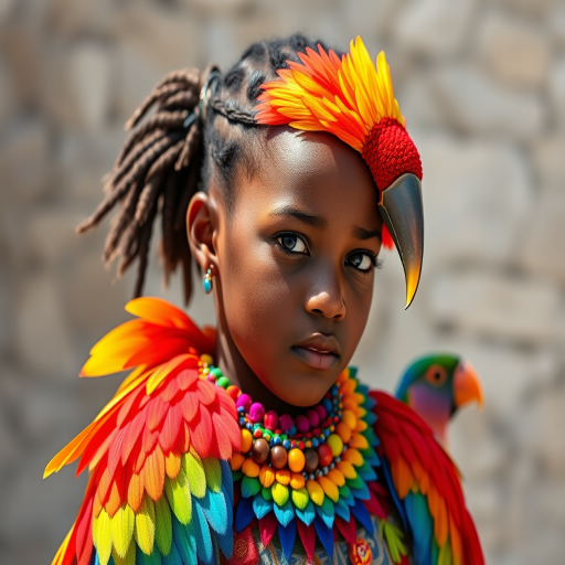 A beautiful Cape Verdean girl, wearing colorful bird clothing with vibrant colors