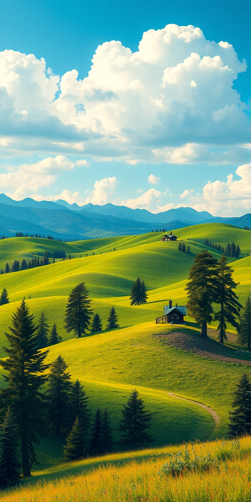Create a vibrant landscape illustration featuring lush green rolling hills under a bright blue sky with soft, fluffy clouds, include tall evergreen trees, distant mountains, and a small cabin, use a Canon EOS R5 camera settings of f/8 aperture, ISO 100, shutter speed 1/250 sec, view at eye level, in a realistic painting style.