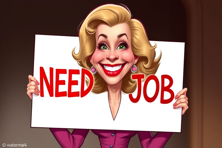 caricature of a smiling Lauren Bacall in a Vivid dress or suit, holding up a sign that says "NEED A JOB", no watermark,