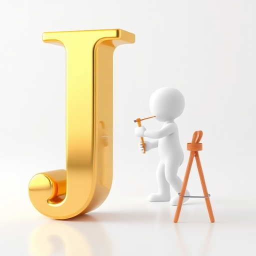 Create a 3D illustration of a gold letter "J" with a small white character painting it, use a Canon EOS R5 camera, 50mm lens, f/1.8 aperture, ISO 100, natural lighting, 3-point perspective view.