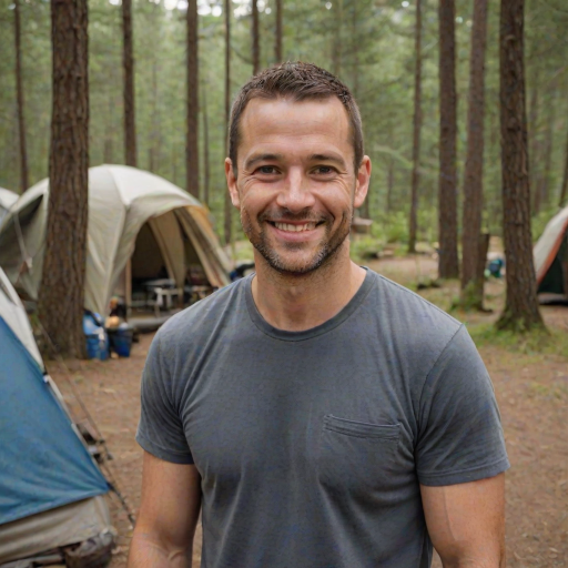 professional photograph, some guy, 35 year old man, crew cut, at a campsite, smiling at viewer, friendly