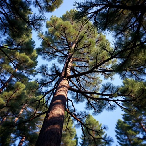 Create a highly detailed and realistic illustration of a tall pine tree with strong branches and dense foliage, using a DSLR camera with an aperture of f/4, ISO 100, and a shutter speed of 1/250s, shot from a low angle to emphasize height in natural daylight with a shallow depth of field.