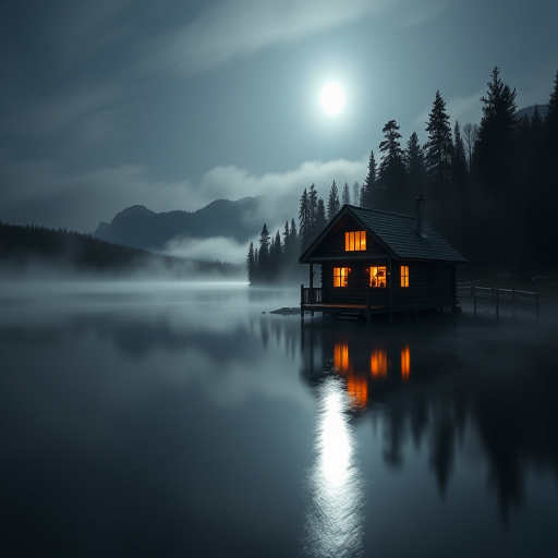 A cozy log cabin by a tranquil lake under a full moon, illuminated windows reflecting on the water, surrounded by misty trees and mountains in the background, captured with a DSLR camera at f/1.8, ISO 100, 1/60s, 24mm wide-angle lens, night mode for enhanced clarity and depth.