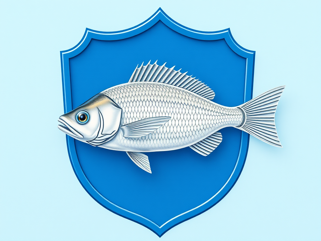 Generate a detailed illustration of a white fish on a blue shield background, using a DSLR camera with a 50mm lens, aperture set to f/1.8, ISO 100, in a lightbox setup for even lighting to enhance vibrancy and clarity.