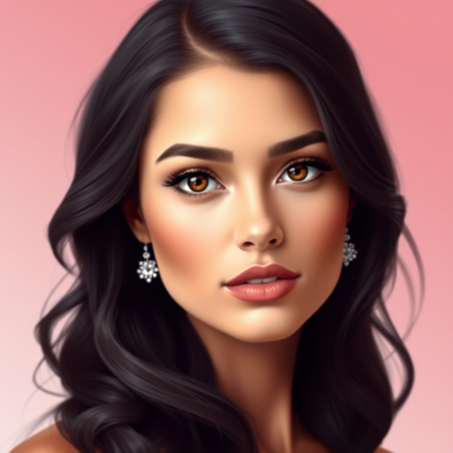 Create an elegant portrait of a young woman with long wavy dark hair and captivating brown eyes wearing subtle makeup and sparkling earrings against a soft gradient background.