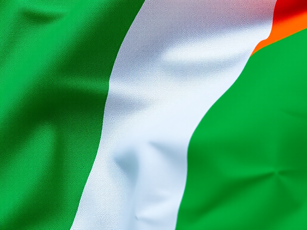 Create a high-resolution image of the Irish flag with textured fabric details, captured using a DSLR camera at 50mm focal length, aperture f/2.8, ISO 100, natural lighting, and a slight angle to enhance depth.