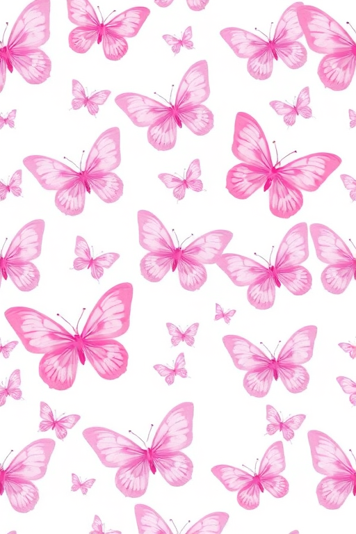 Create a seamless pattern featuring butterflies in soft pastel colors like pink, purple, and light blue against a light background. The butterflies should vary in size and opacity to create a whimsical and airy feel.