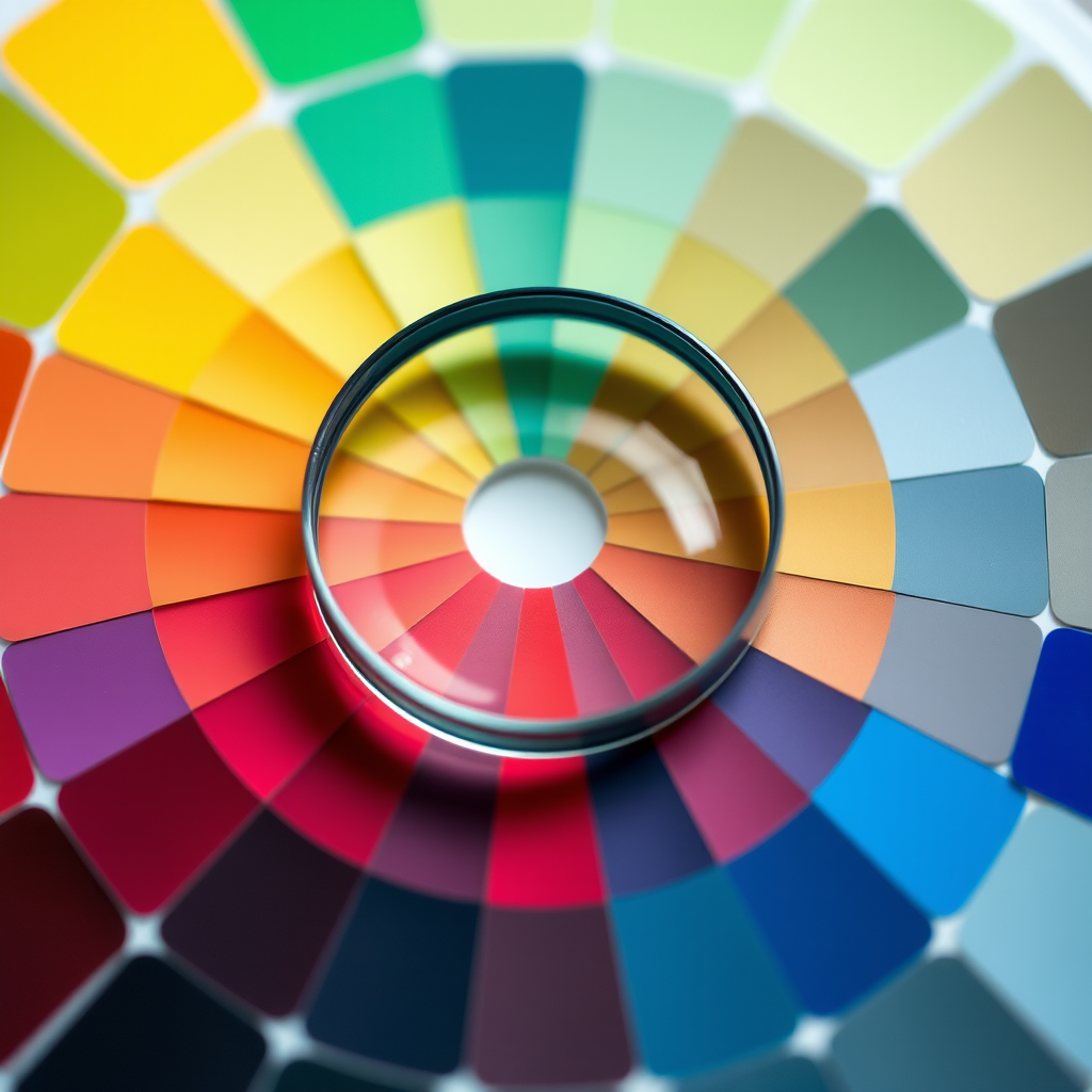 high-resolution close-up of a color palette arranged in a circular pattern with a magnifying glass in the center, soft natural lighting, ISO 100, f/4, 50mm lens, DSLR camera, shallow depth of field
