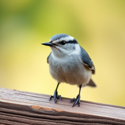 capture a close-up of a nuthatch perched on a wooden surface with a blurred natural background using a DSLR camera at f/2.8, 1/500s shutter speed, ISO 400, 85mm focal length, in natural light for enhanced detail and sharpness