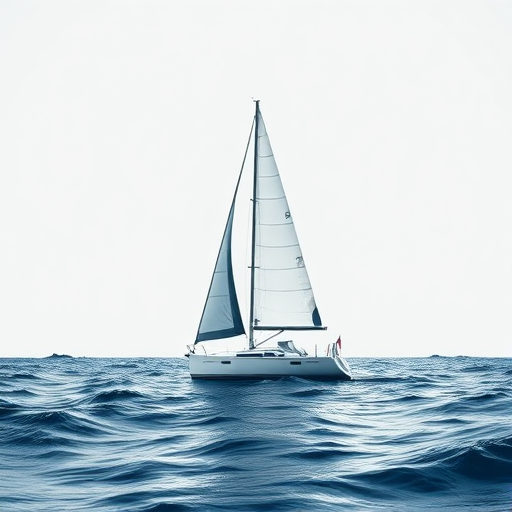Create a high-contrast vector graphic of a sailboat on waves, using a DSLR camera with a 50mm lens, f/2.8 aperture, ISO 100, shot from a low angle to enhance perspective and detail, in a minimalistic style.
