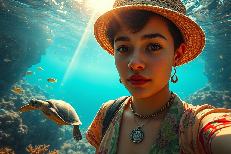 Realistic selfie image of a Mizrahi, wearing a vintage outfit, detailed dreamy eyes, droopy hooded eyes, staring at the camera, taken underwater at coral reef with a sunbeam filtering through the water, vibrant, summer vacation, natural lighting, turtle and school of tropical fish with vibrant colors, rendered in the style of CryEngine, Pegi Nicol MacLeod, with realistic genre scenes, hauntingly beautiful narratives, ultra-realism, and Thomas Saliot's close-up technique, 8K resolution, crystal clear and sparkling water.