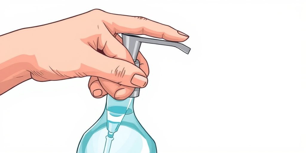 Create an illustration of a hand dispensing liquid soap from a pump bottle, focus on the detail of the pump and liquid, use a clean, minimalistic background, camera type: DSLR, camera settings: f/2.8 aperture, 1/250 sec shutter speed, ISO 100, camera view: close-up, camera style: bright and vibrant colors to enhance clarity.
