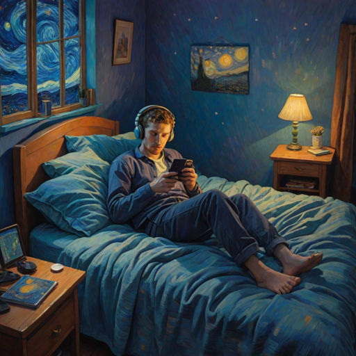 A top-down Van Gogh-style painting of a young man lying on his bed, listening to music with headphones. The room is softly lit with deep blues and purples, creating a peaceful nighttime atmosphere. The bed has a soft pillow, and the man's arms are resting behind his head. Around the bed, various glowing gadgets such as a smartphone, a laptop, and a small lamp are visible, casting a gentle light. The rest of the bedroom includes a desk with books, a chair, and a small rug on the floor. A window near the bed reveals a starry night sky with swirling stars, reminiscent of Van Gogh's 'Starry Night.' On the desk, there is a sketchbook with colorful drawings, a cup of coffee steaming gently, and a small potted plant. The walls have posters of famous paintings and a corkboard with pinned notes and photos. The scene is full of dynamic, swirling brushstrokes, capturing the essence of Van Gogh's unique style. The overall mood is serene and contemplative, with a touch of artistic inspiration.