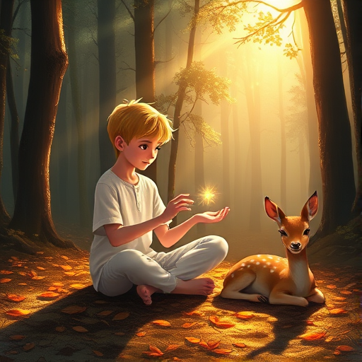 A luminous digital painting of a serene forest scene featuring a barefoot young male, about 7 years old, with Yellow hair and fair skin, dressed in a simple white outfit. He sits cross-legged on the forest floor, gazing at a small, glowing, magical firefly in his hand. Beside him, a delicate spotted deer lies calmly on a bed of dried leaves, observing the scene. The dense forest is bathed in warm, golden light filtering through the trees, creating a peaceful, magical atmosphere with a blend of natural and mystical elements.