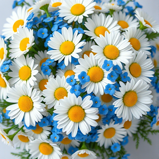 Regenerate a vibrant bouquet of white daisies and blue forget-me-nots, shot with a Canon EOS R5, 50mm lens, f/2.8 aperture, ISO 100, natural lighting, top-down view for enhanced details and clarity.