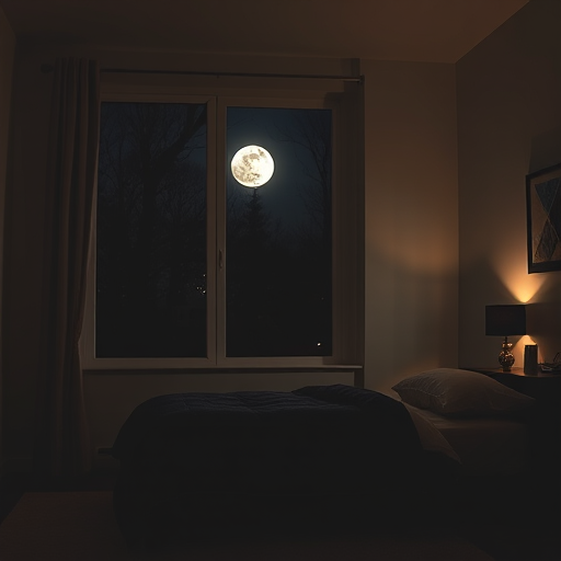A cozy, dimly lit bedroom at night with a large window showing a full moon and dark trees outside, soft shadows cast on the walls, featuring a neatly made bed with dark bedding, a bedside table with a lamp and a candle, 50mm lens, f/1.8 aperture, ISO 400, 1/60 sec shutter speed, soft focus style, DSLR camera.