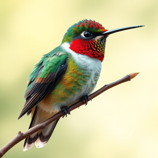 Create a highly detailed illustration of a colorful hummingbird perched on a branch, shot with a Canon EOS R5 at f/4.0, ISO 100, 1/200s, using a macro lens for a close-up view and vibrant colors to enhance the intricate feather textures.