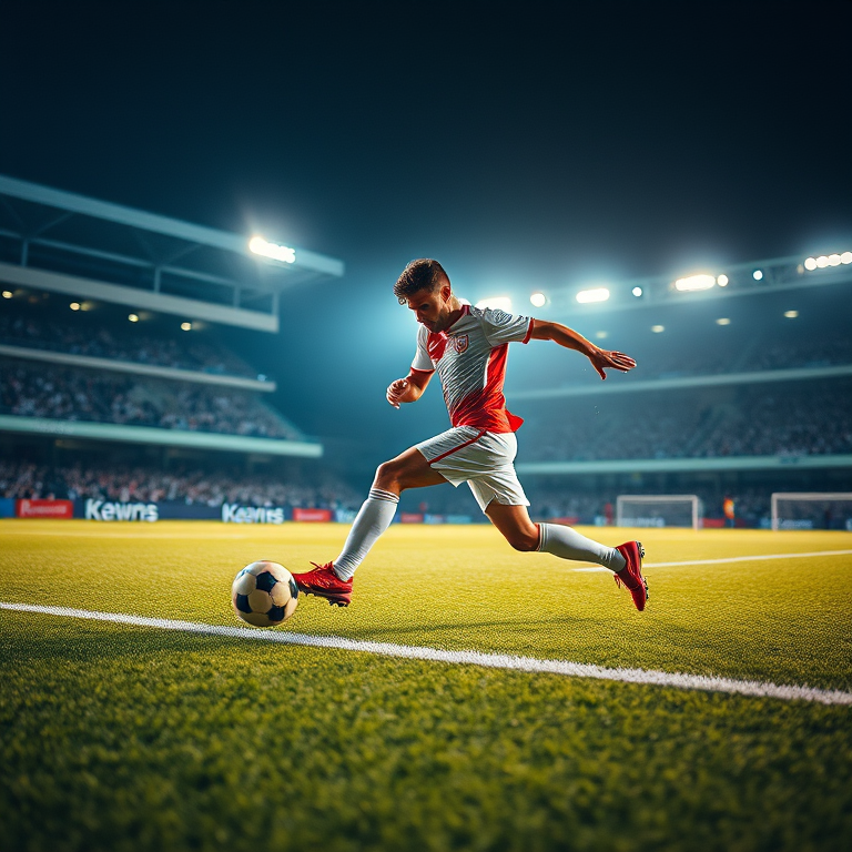 Create an image of a soccer player in an action pose kicking a ball on a brightly lit stadium field during a night game, using a DSLR camera with a 24mm lens, f/1.8 aperture, ISO 200, and a shutter speed of 1/1000s, capturing dynamic motion with dramatic lighting effects and a blurred crowd in the background.