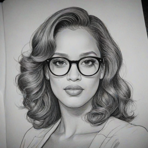 Graceful Dascha Polanco, pencil sketch, portrait of Appealing woman 1978s in glasses, hair style beatnik, outline, clear lines, fine lines, 8k
