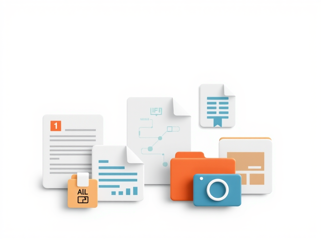 Create a high-resolution illustration of various document icons, including a basic document, a form, and media-related files, arranged in a clean layout with a modern design aesthetic, using a Canon EOS R5, 50mm lens, f/1.4 aperture, ISO 100, in a well-lit studio setting with a shallow depth of field to enhance clarity and focus on the icons.