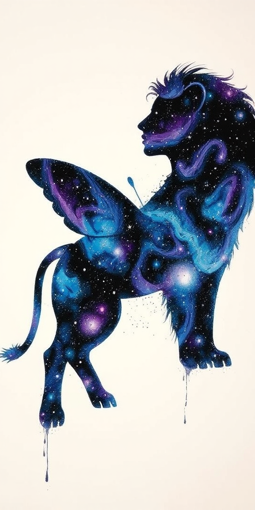 Captivating conceptual render alcohol ink art, double exposure, the paint strokes artfully merge combining a woman's full silhouette with a Beaming butterfly's silhouette. The figures are composed of a series of colored dots, lines & spots that evoke the image of a cosmic galaxy, colors are deep shades of blue purple & black with flashes of white & silver representing distant stars. The woman's silhouette is formed within the lion's silhouette from constellations of scattered stars, surreal
