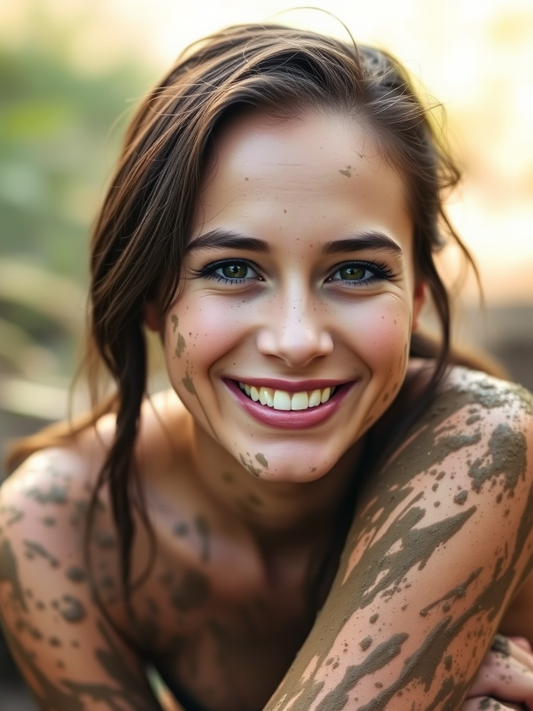 portrait of a smiling woman covered in mud sitting in a natural outdoor setting, soft natural lighting, shallow depth of field, ISO 200, aperture f/2.8, 85mm lens, DSLR camera, focused on facial features and textures