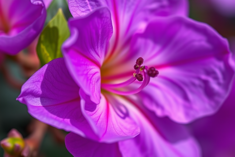 Close-up of a vibrant purple azalea flower with intricate details, macro lens, f/2.8 aperture, ISO 100, 1/200 sec exposure, soft natural lighting, shallow depth of field, DSLR camera.