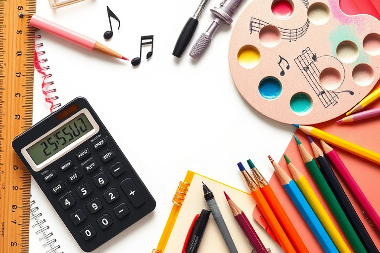 regenerate an illustration of school supplies including a calculator, ruler, notebook, musical notes, paint palette, and writing instruments; camera settings: ISO 100, aperture f/8, shutter speed 1/125s; camera view: overhead; camera style: flat lay; camera type: DSLR