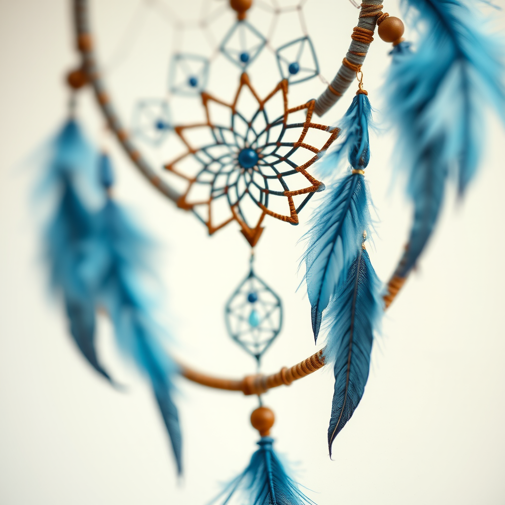 Create a detailed illustration of a dreamcatcher with intricate blue patterns and feathers, using a Canon EOS R5 with a 50mm f/1.2 lens, aperture set to f/4, ISO 100, and a soft focus effect to enhance the quality and depth of the image.