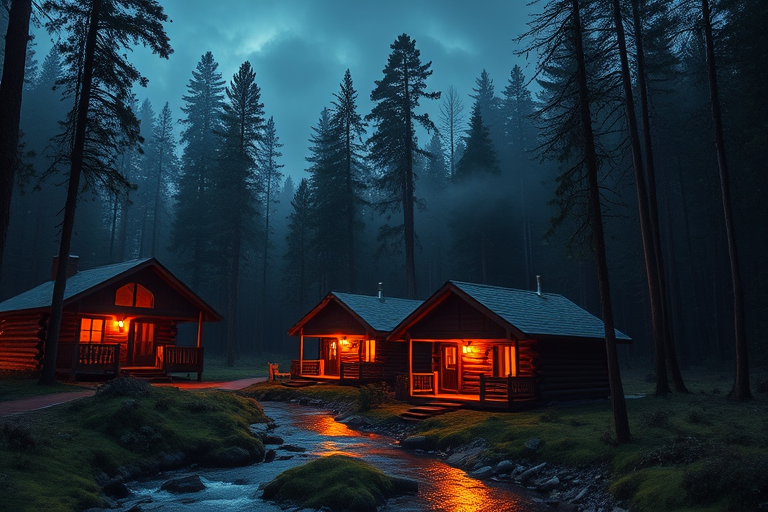regenerate an enchanting forest landscape featuring cozy log cabins illuminated at dusk near a winding stream, with foggy trees in the background, using a DSLR camera with a 35mm lens, f/2.8 aperture, ISO 200, shutter speed 1/60s, set in a low-angle perspective to enhance depth and detail in the scenery