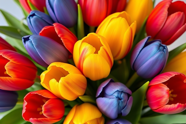 floral design with vibrant tulips in red, yellow, and blue, symmetrical arrangement, high-resolution digital art, macro lens, f/4 aperture, 50mm focal length, natural lighting, shallow depth of field