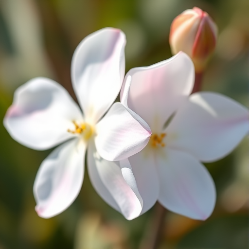 Create a high-resolution digital illustration of two delicate white flowers with soft pink accents, captured in a close-up view using a DSLR camera with a 50mm lens, aperture set at f/2.8, ISO 100, and soft natural lighting for enhanced detail and color vibrancy.