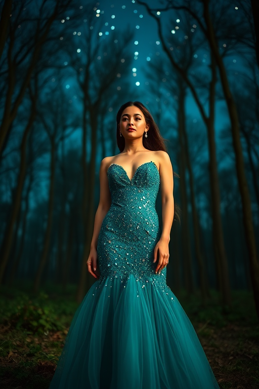 high fashion portrait of a woman in a sparkling teal evening gown standing in a dreamy forest setting under a starry night sky, captured with a Canon EOS R5, 85mm f/1.2 lens, ISO 100, aperture f/1.8, using a soft focus and shallow depth of field to enhance the ethereal quality of the scene