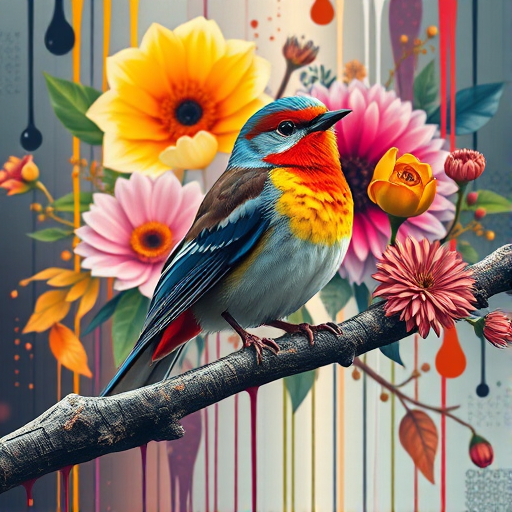 Create a vibrant and colorful depiction of a stylized bird perched on a textured branch, surrounded by abstract floral elements and dripping paint effects, using a Canon EOS R5 with a 50mm lens, aperture f/1.8, ISO 100, and a shallow depth of field to enhance image quality.