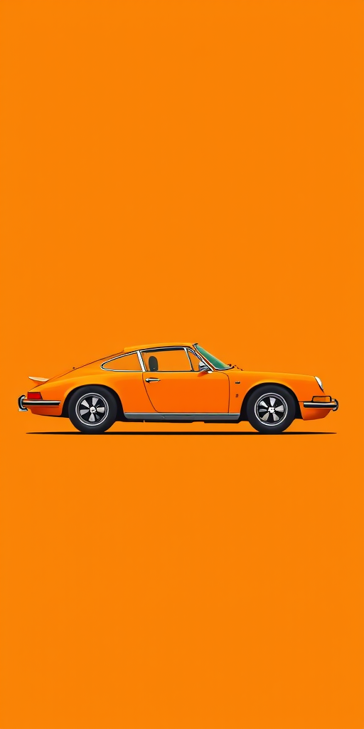 Create a side view illustration of a classic orange sports car on a solid bright orange background, using a DSLR camera with a 50mm lens, aperture f/2.8, shutter speed 1/125, and ISO 100 for high detail and vibrant colors.