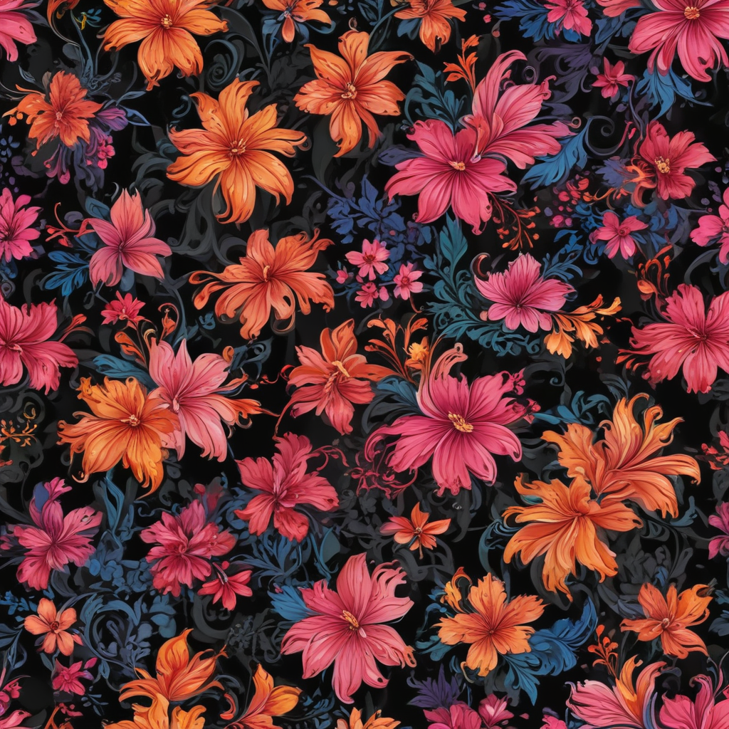 Vibrant Floral Pattern with Colorful Flowers on a Dark Background