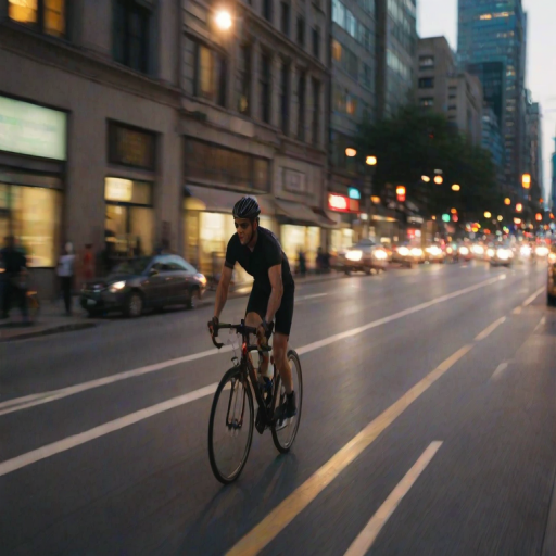 Blurry, fast-motion shot of a cyclist riding through a busy city street at dusk, headlights of cars and streetlights forming glowing streaks in the background, tall buildings casting long shadows, and the rush of evening traffic filling the air.