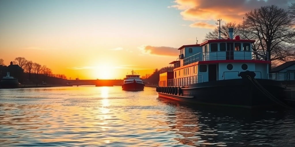 Capture a serene riverside scene featuring two moored barges with a soft focus on the background, shot at sunset with a DSLR camera, focal length 50mm, aperture f/2.8, ISO 100, using a polarizing filter to enhance colors and reflections.