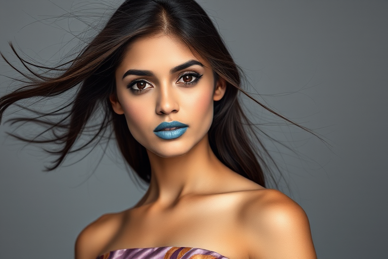Photographic image of a beautiful young Pakistani woman, brown eyes, lips with blue lipstick, long hair fluttering in the wind and wearing a silk strapless dress with a soft purple and orange print. monochrome image with only color highlights in the iris of the eyes, lipstick and dress. Gray background.