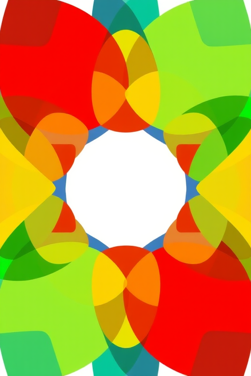Create a vibrant abstract design featuring overlapping colorful shapes in a circular pattern with a central empty circle, shot with a DSLR camera at f/8, ISO 100, 50mm lens, in macro mode to enhance detail and clarity.